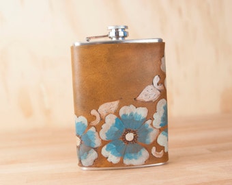 Flask - Leather Flask - Flower Flask - 8oz Flask - Handmade in the Belle pattern with wild roses - turquoise and antique brown - Floral