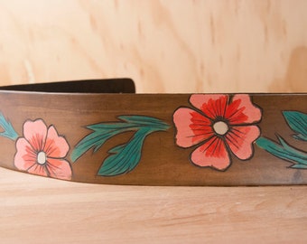 Leather Flower Guitar Strap - Linea pattern in orange, pink, emerald and antique brown