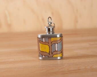 1oz Mini Flask Key chain - Roger pattern - modern design in yellow, gray, white and antique black