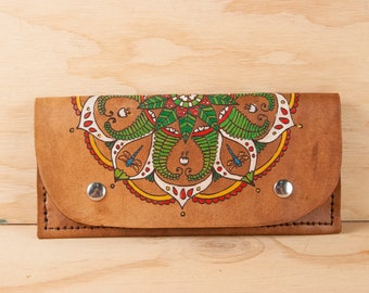 Wristlet Wallet - Womens Leather Wallet with Mandala and dragonflies - Green, red and antique brown - fits iPhone all generations