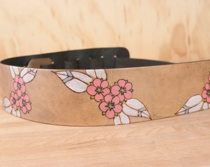Handmade Leather Guitar Strap - Dakota Pattern with Flowers and Feathers - Third Anniversary Gift for Guitarist - Pink, White and Teal