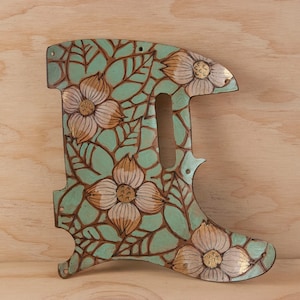 Leather Pickguard - Handmade Guitar Pick Guard for Fender Telecaster - Rebecca Pattern with Dogwood Flowers - Tooled Pick Guard