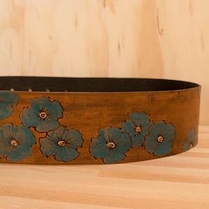 Leather Guitar Strap - Turquoise and Antique Brown - Poppy Garden Pattern with flowers
