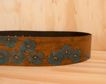 Leather Guitar Strap - Turquoise and Antique Brown - Poppy Garden Pattern with flowers