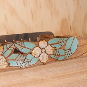 Leather Guitar Strap for Acoustic or Electric Guitars Rebecca Lace Pattern with Dogwood Flowers White, Gold, Sage and Antique Brown image 5
