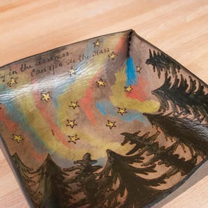 Valet Tray - Catch-All Leather Tray - Handmade in the Stars Pattern with Trees and Northern Lights - Third Anniversary Gift