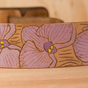 Orchid Guitar Strap Handmade leather in purple, green, antique brown Orchid and wood grain image 1