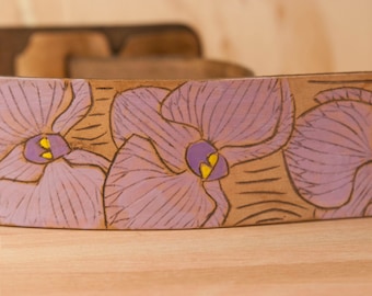 Orchid Guitar Strap - Handmade leather in purple, green, antique brown - Orchid and wood grain