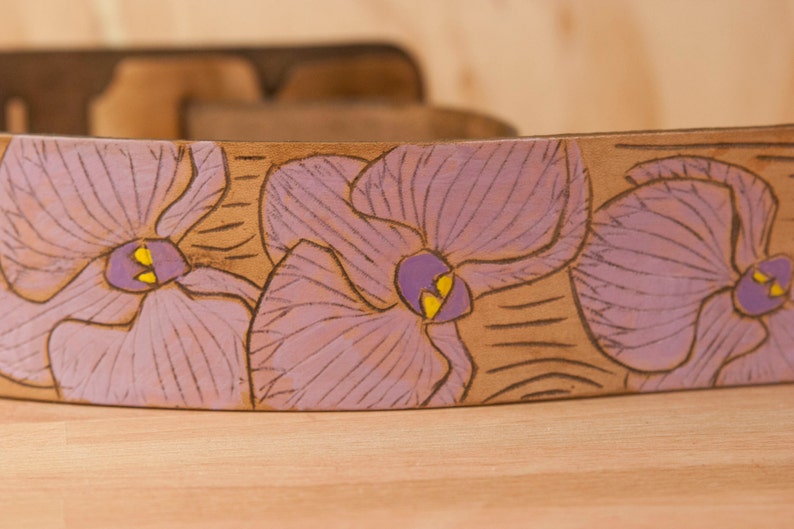 Orchid Guitar Strap Handmade leather in purple, green, antique brown Orchid and wood grain image 1