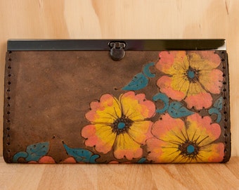 Belle Clutch Wallet - Leather in Pink, Yellow, Turquoise and Antique Black