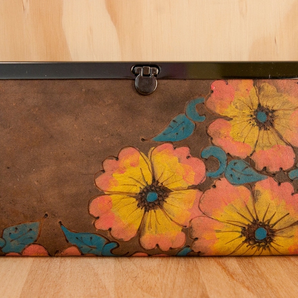 Belle Clutch Wallet - Leather in Pink, Yellow, Turquoise and Antique Black