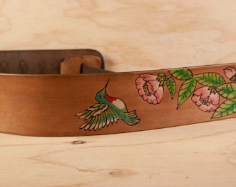 Leather Guitar Strap - Handmade with Ruby Throated Hummingbird and Camelia Flowers - Guitar Player Gift - For Acoustic or Electric Guitars