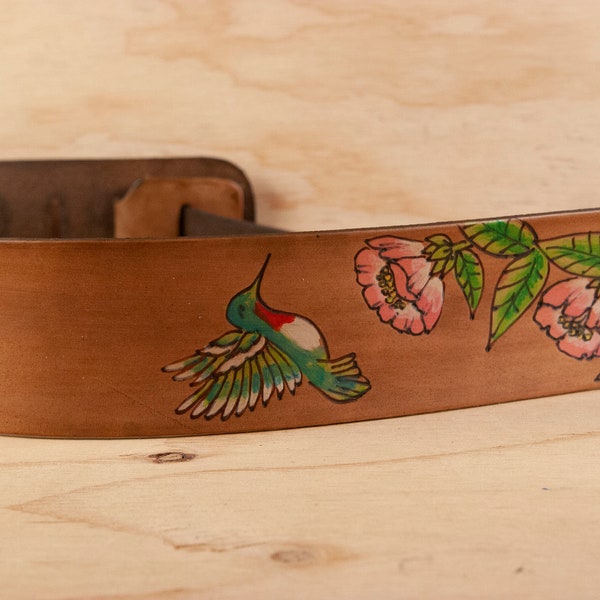 Leather Guitar Strap - Handmade with Ruby Throated Hummingbird and Camelia Flowers - Guitar Player Gift - For Acoustic or Electric Guitars
