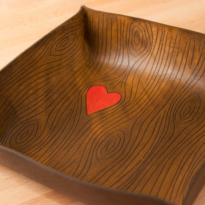 Leather Catch-All Tray red and antique browwn Nice Pattern with Wood Grain and Heart image 1