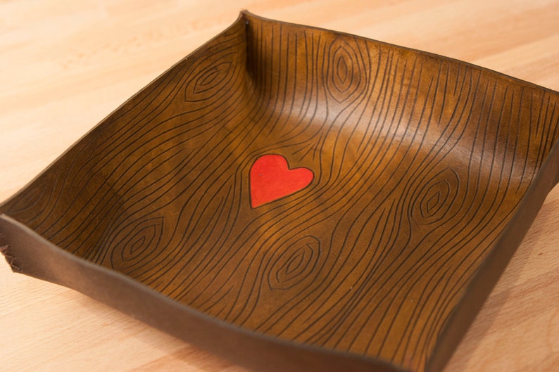 Leather Catch-All Tray red and antique browwn Nice Pattern with Wood Grain and Heart image 1