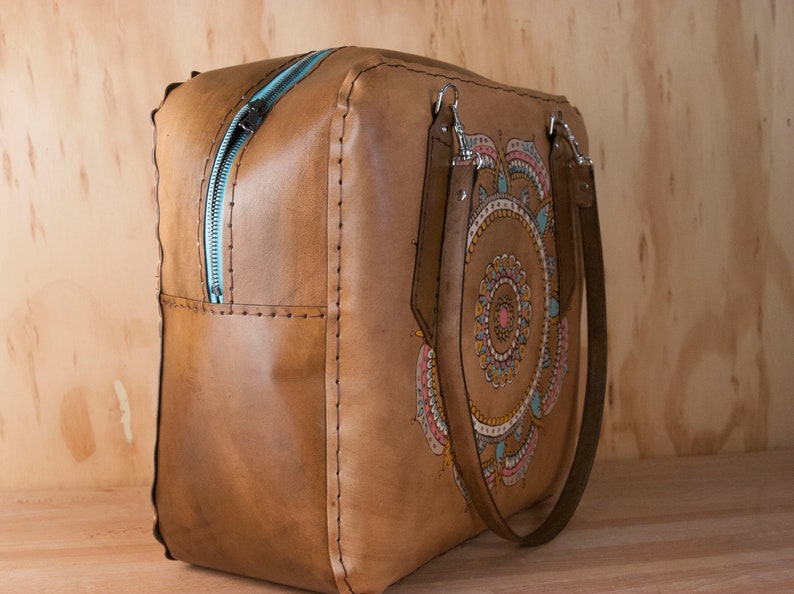 Mandala Pattern in aqua Oversize Purse pink Diaper Bag Leather Tote Leather Weekender Bag for Women and antique brown Laptop