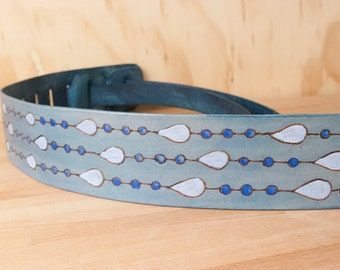 Leather Guitar Strap - Acoustic Guitar Strap - Handmade in the Rain pattern with stylized raindrops - Blue and White Leather