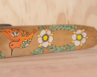 Guitar Strap - Leather Guitar Strap - Colibri - Hummingbird and flowers - Handmade leather in coral, green, white and antique brown -