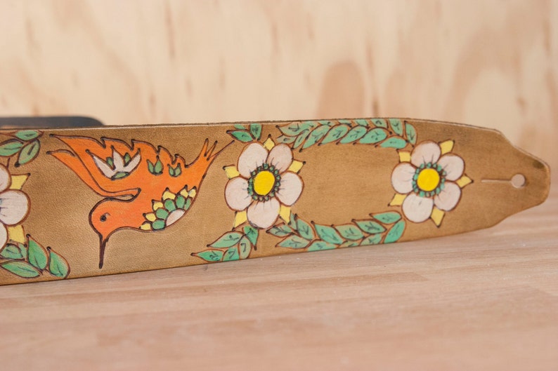 Guitar Strap Leather Guitar Strap Colibri Hummingbird and flowers Handmade leather in coral, green, white and antique brown image 1