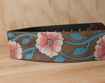 Guitar Strap - Leather Guitar Strap - Aurora pattern with flowers and vines - pink and turquoise - Acoustic or Electric Guitar Strap - Black