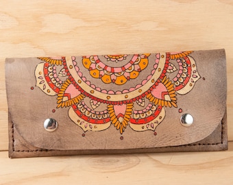 iPhone Wristlet Wallet - Womens Leather Wallet with Mandala - Pink, Orange, Gold and antique black - fits iPhone all generations