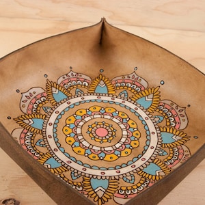 Valet Tray - Leather Desk Tray in the Mandala Pattern - Bedside Tray, Jewelry tray or mail organizer - Third Anniversary Gift for Her
