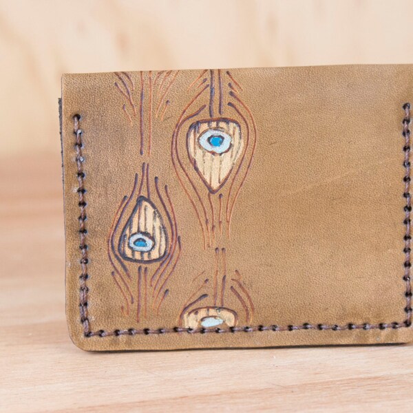 Wallet - Leather Wallet - Small Wallet - Front Pocket Wallet - Card wallet - Brown Leather - Mighty Fold in Jade pattern - peacock feathers