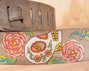 Leather Guitar Strap - Handmade in the Sugar Skull No. 1 pattern - day of the dead skull and flowers - Acoustic or Electric Guitar