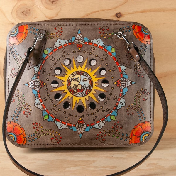 Allyson Mini Stewardess Bag - Handmade Leather purse with moon phases, astrological signs and flowers