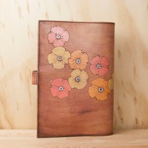 Journal Leather Journal Sketchbook Blank Book Refillable Poppy Garden Pattern with flowers pink, yellow, orange antique mahogany image 2