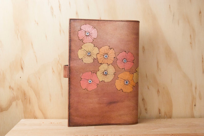 Journal Leather Journal Sketchbook Blank Book Refillable Poppy Garden Pattern with flowers pink, yellow, orange antique mahogany image 2