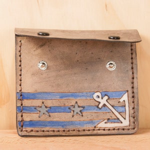 Stu Mighty Mini Wallet Nautical pattern Leather with Anchor and stars in white, gray, blue and antique black image 3