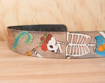 Leather Guitar Strap - Handmade with Dia De Los Muertos Dancing Skeleton and Flowers - The Dancer - For Acoustic or Electric Guitars