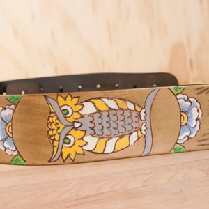 Leather Ukulele Strap - Handmade leather in the Emerson Owl Pattern - Owl Ukulele Strap with wood grain