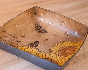 Personalized Leather Valet Tray- Handmade in the Celestial Pattern with Sunflowers, Butterflies and Stars - Third Anniversary Gift