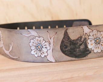 Handmade Leather Guitar Strap: Crow and Flower Design