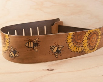 Leather Guitar Strap for Acoustic or Electric Guitars - Sunflowers and bees - Yellow, gold and antique brown - Handmade Gift for Musician