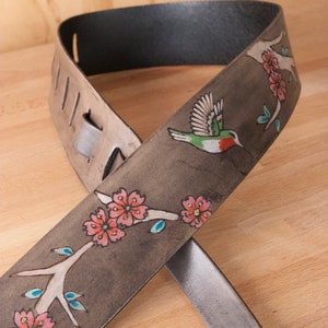 Guitar Strap - Leather Strap for Acoustic or Electric Guitars - May Pattern with Hummingbird and Cherry Blossoms - Acoustic Electric Guitar