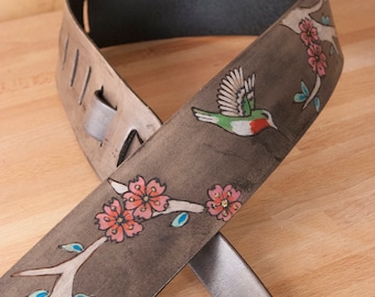 Guitar Strap - Leather Strap for Acoustic or Electric Guitars - May Pattern with Hummingbird and Cherry Blossoms - Acoustic Electric Guitar