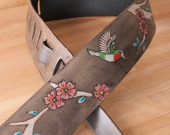Handmade Leather Guitar Strap: Hummingbird & Cherry Blossom Design