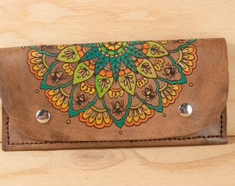 iPhone Wristlet Wallet - Womens Leather Wallet with Bee Mandala - Green, pink, and antique black - fits iPhone all generations