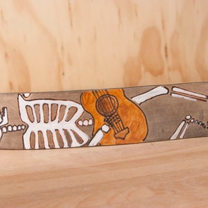 Leather Ukulele Strap - The Guitar Player with Day of the Dead Skeleton and Flowers - Dia de los muertos - Yellow, Red, Green, Turquoise