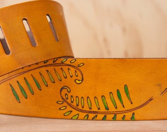 Leather Guitar Strap - Rowan pattern with ferns in green, yellow and antique tan - Handmade Guitar Strap for Acoustic or Electric Guitars