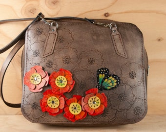 Ophelia Mini Stewardess Bag - Handmade Leather purse with poppies and butterflies