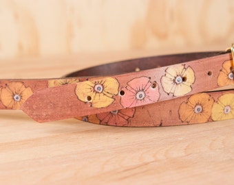 Mandolin Strap - Leather with Flowers in yellow, pink, orange and antique mahogany - Handmade in the Poppy Garden Pattern