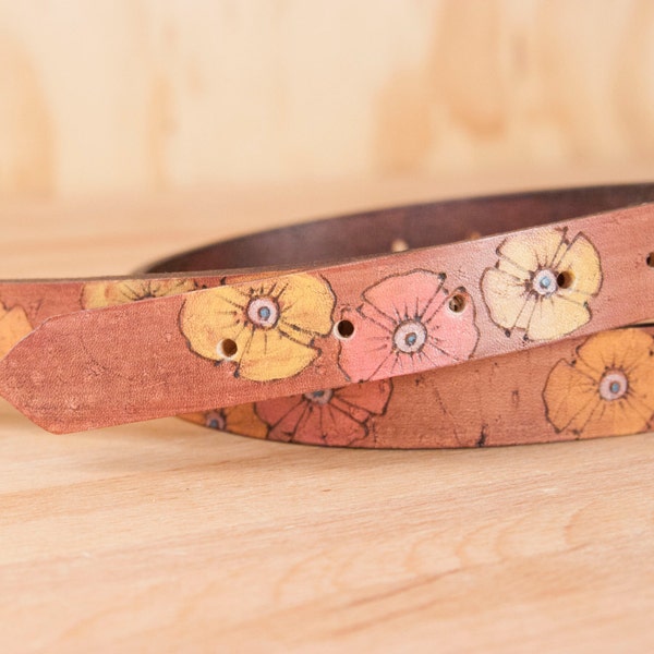 Mandolin Strap - Leather with Flowers in yellow, pink, orange and antique mahogany - Handmade in the Poppy Garden Pattern