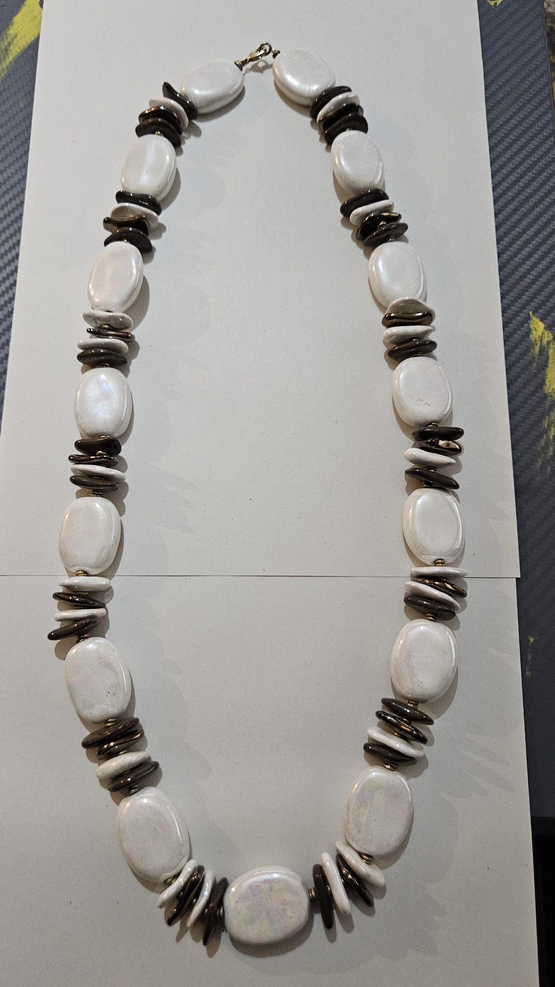 Vintage African Kazuri Iridescent Ceramic Bead Necklace Huge Long