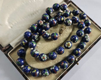 Collar de cuentas de flores de esmalte cloisonné de exportación china vintage azul