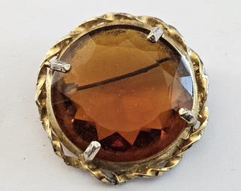 Broche Bijou Vintage étoile Avec Cristaux Et Citrine - Détail Navette Porcelaine - Dorée