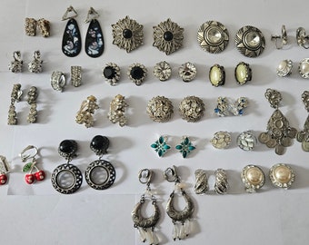 Vintage Clip On Earrings Huge Collection Bundle Joblot Silver Tone Paste Glass Retro Dress Up Costume Jewellery